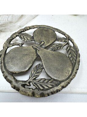 Vintage Cast Iron Pear Design Trivet With Rustic Patina Finish Footed 7"